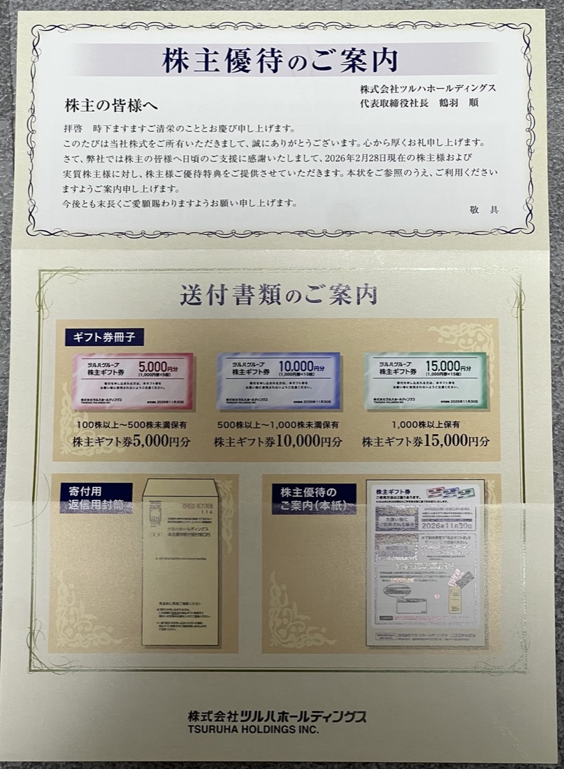 ツルハHD株主優待の案内。100株で5,000円分、500株で10,000円分、1,000株で15,000円分の株主ギフト券