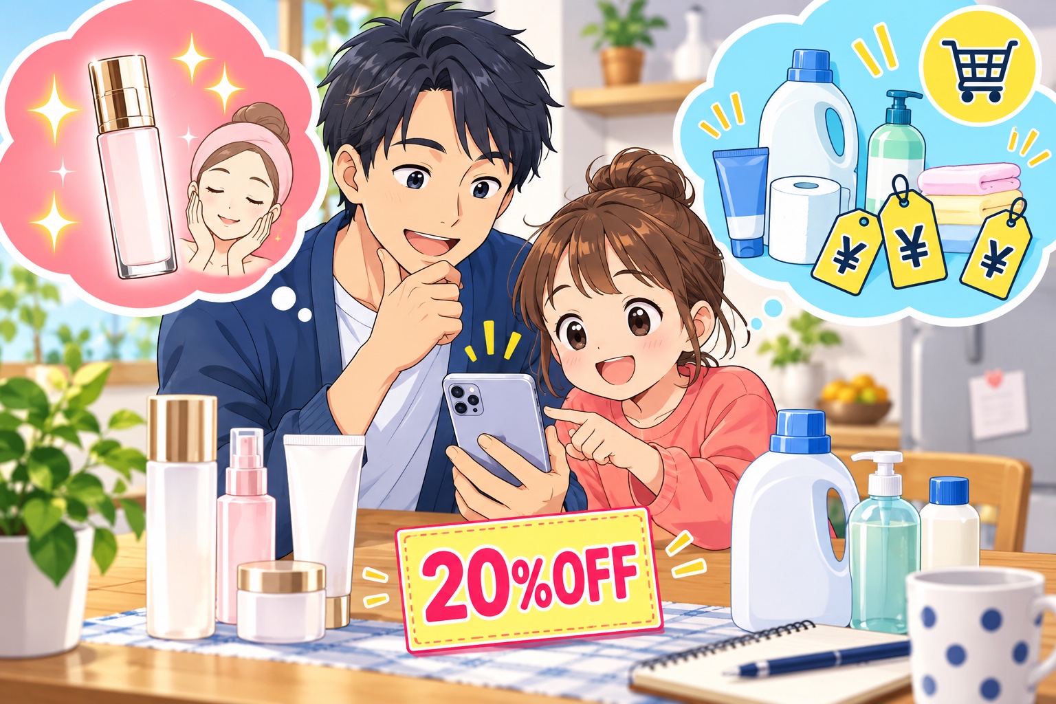 花王の20%OFFクーポンを使う前に化粧品と日用品の価格を比較する親子のイラスト