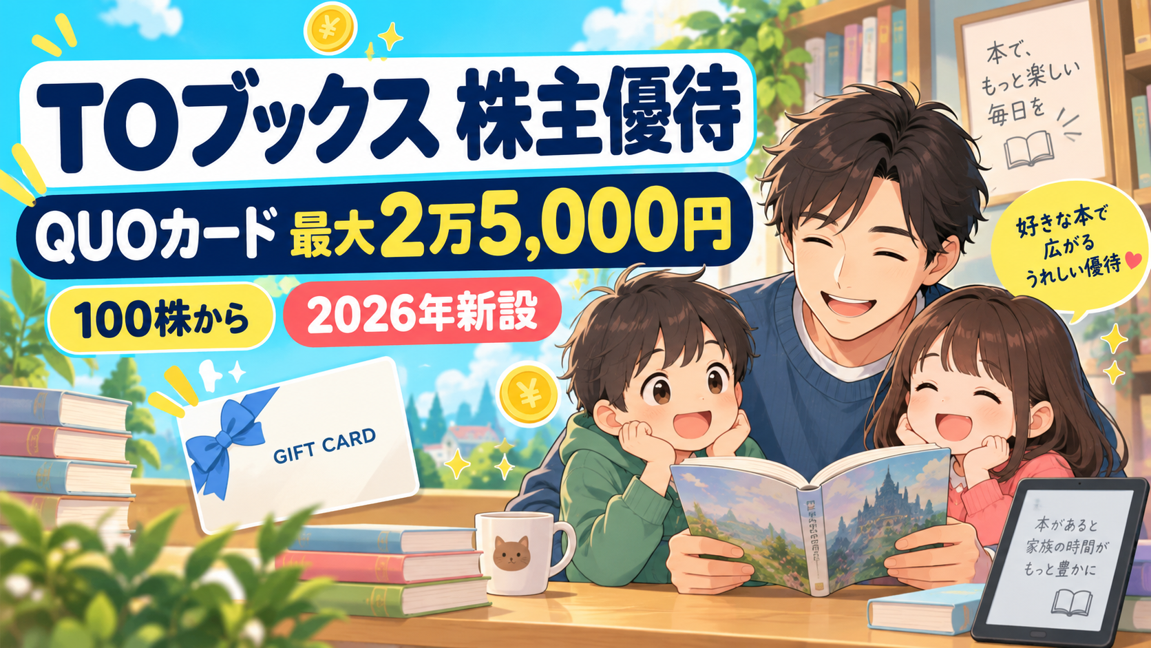 TOブックス 株主優待｜QUOカード最大2万5,000円