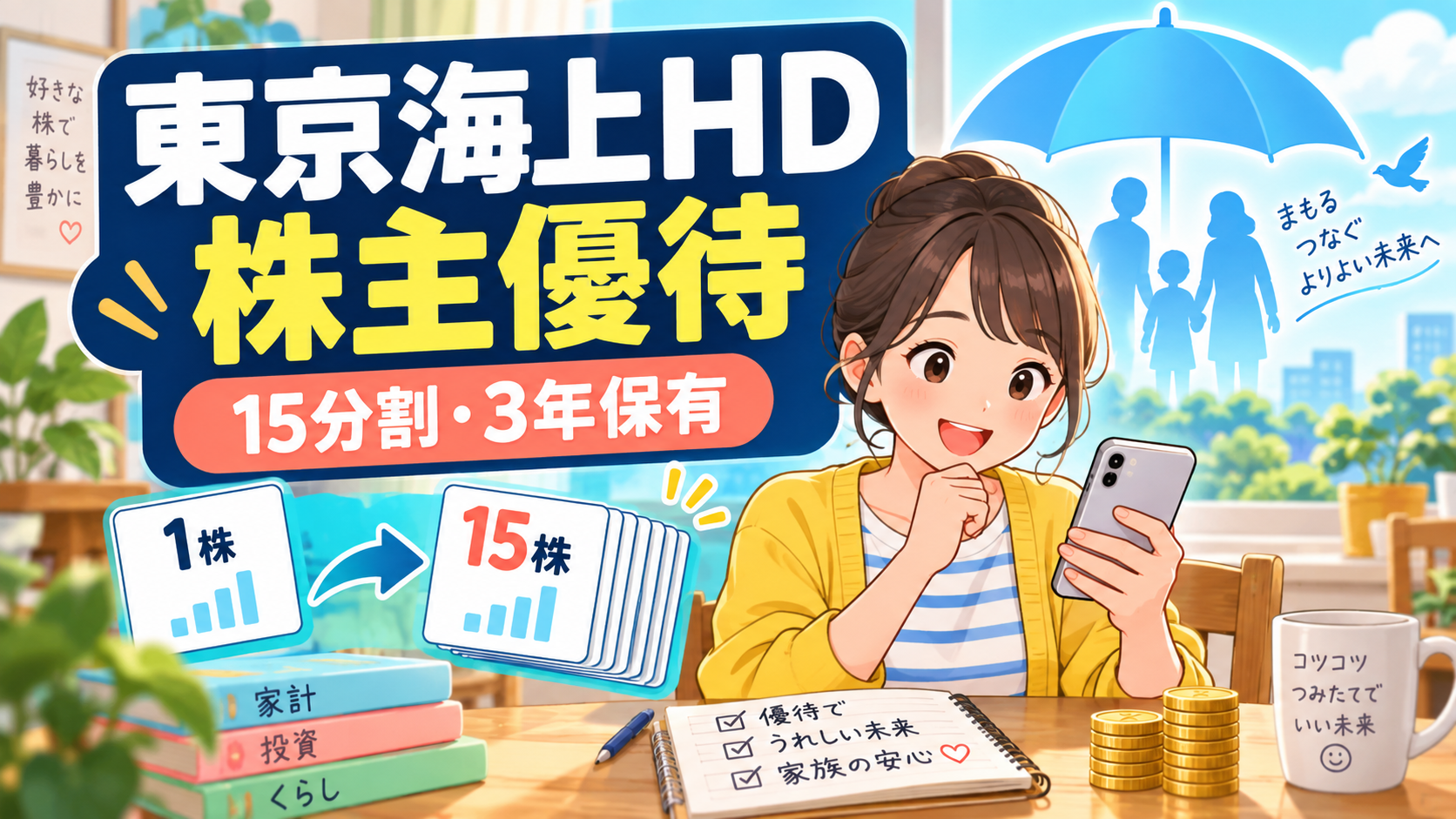 東京海上HD 株主優待の15分割と3年保有を紹介するイラスト