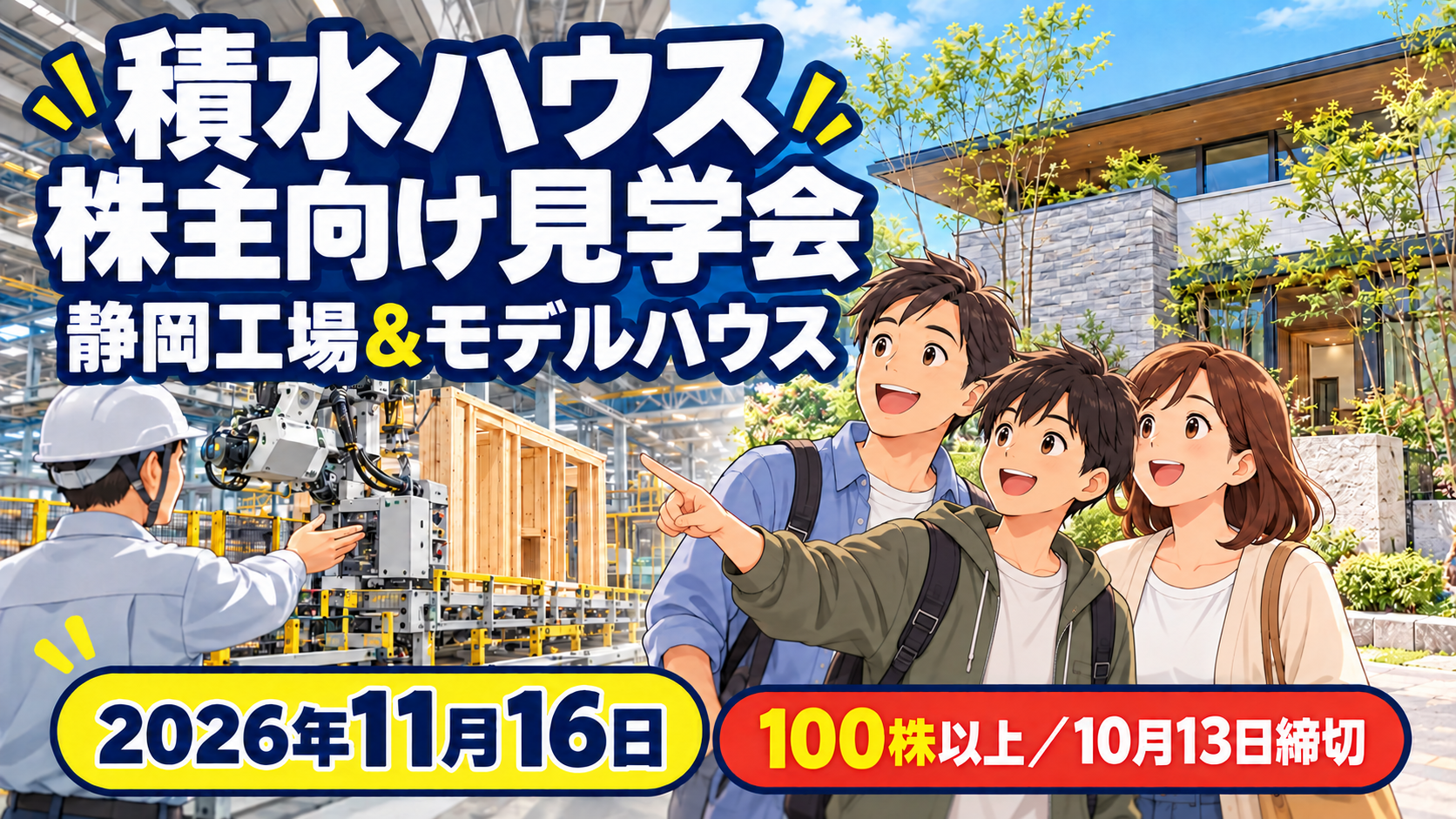 積水ハウスの2026年株主向け静岡工場見学会。11月16日開催、100株以上が対象で10月13日応募締切
